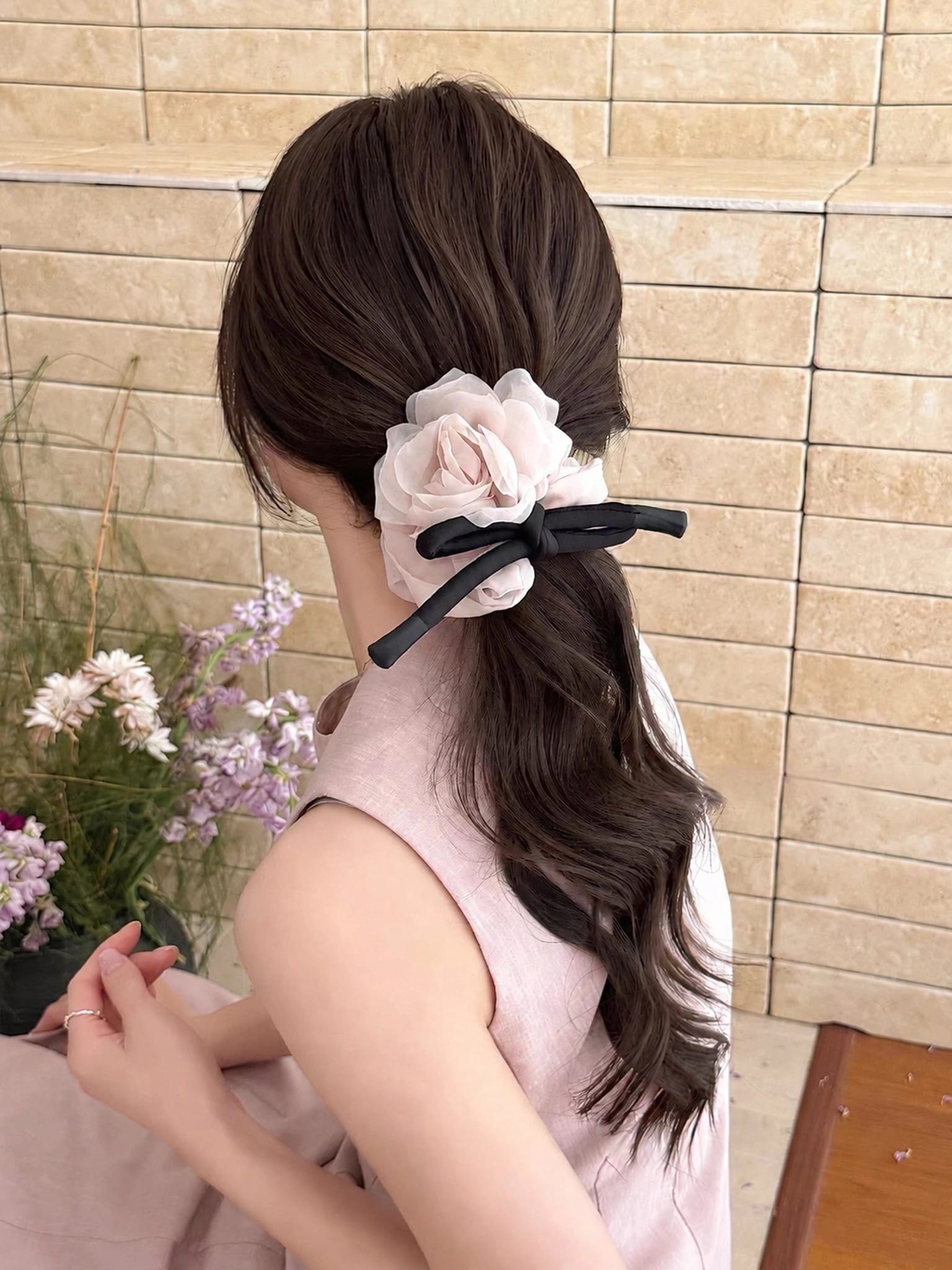 Romantic Rose Flower Scrunchie with Ribbon Bow | Elegant Hair Tie