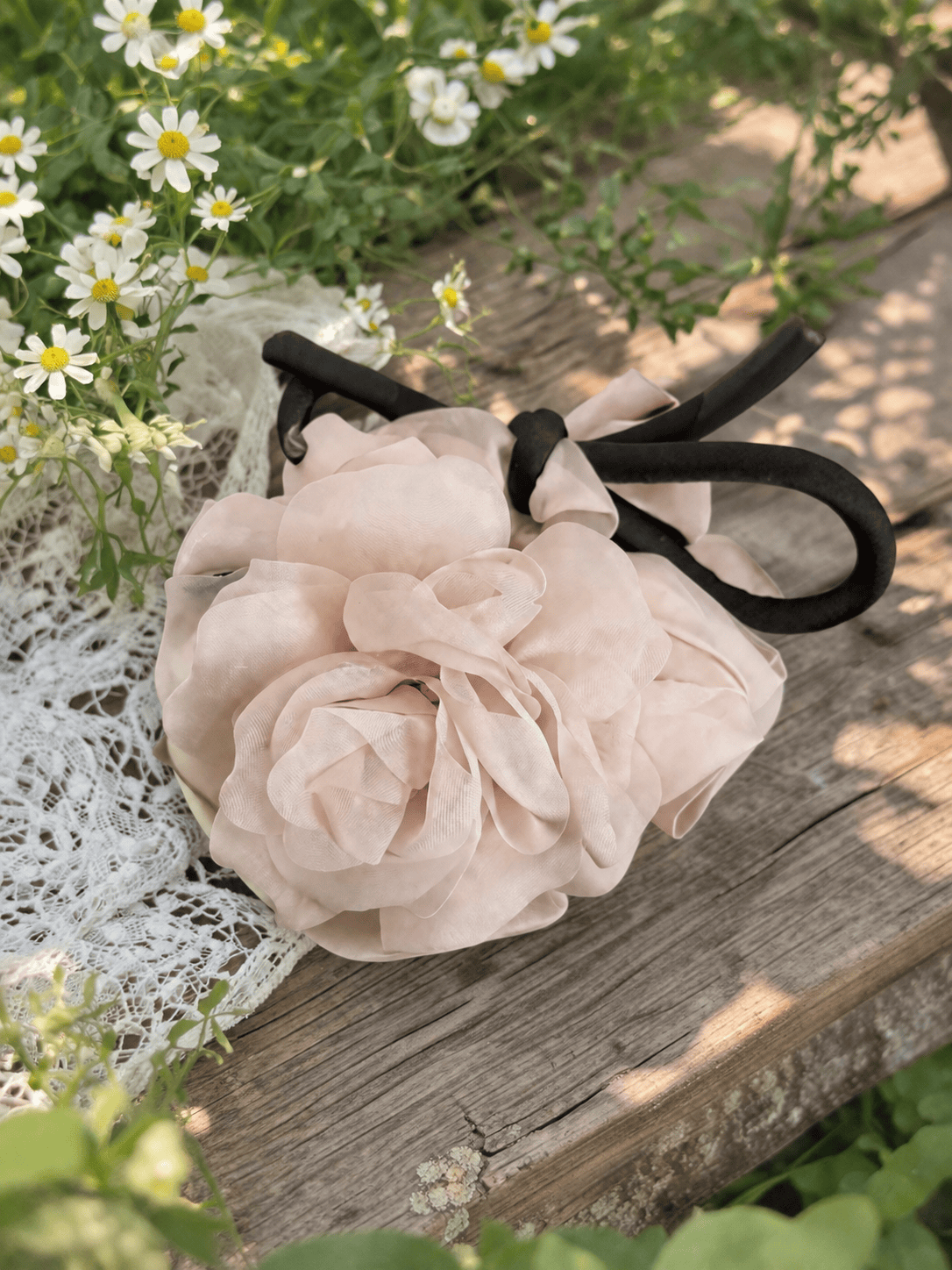 Romantic Rose Flower Scrunchie with Ribbon Bow | Elegant Hair Tie