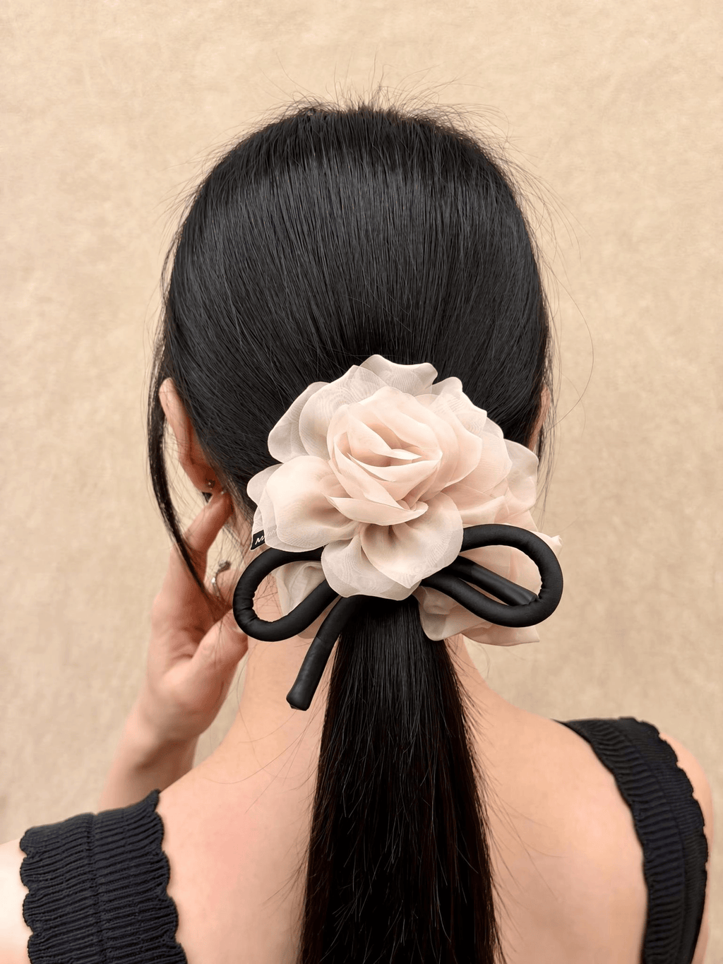 Romantic Rose Flower Scrunchie with Ribbon Bow | Elegant Hair Tie
