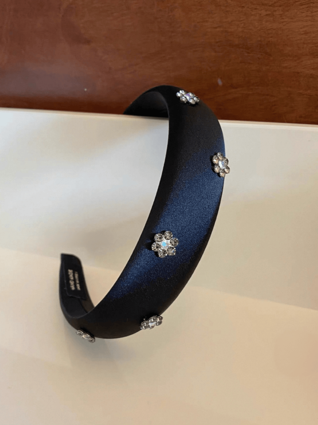 Satin Headband with Rhinestone Flowers – Pink & Black