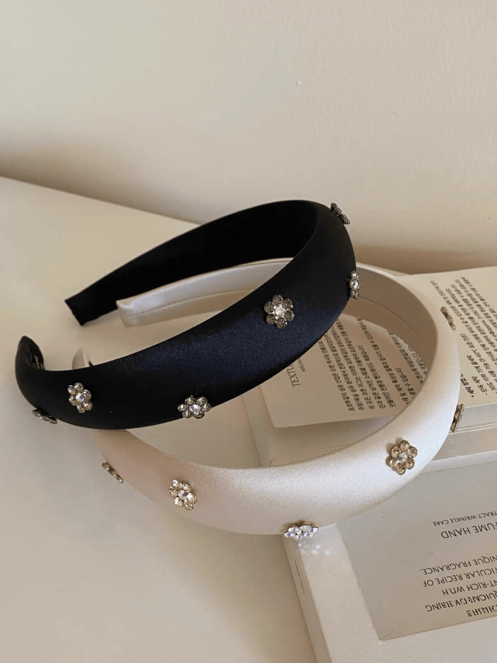 Satin Headband with Rhinestone Flowers – Pink & Black