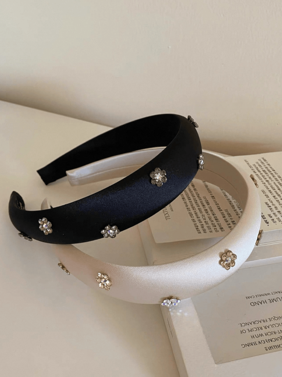 Satin Headband with Rhinestone Flowers – Pink & Black