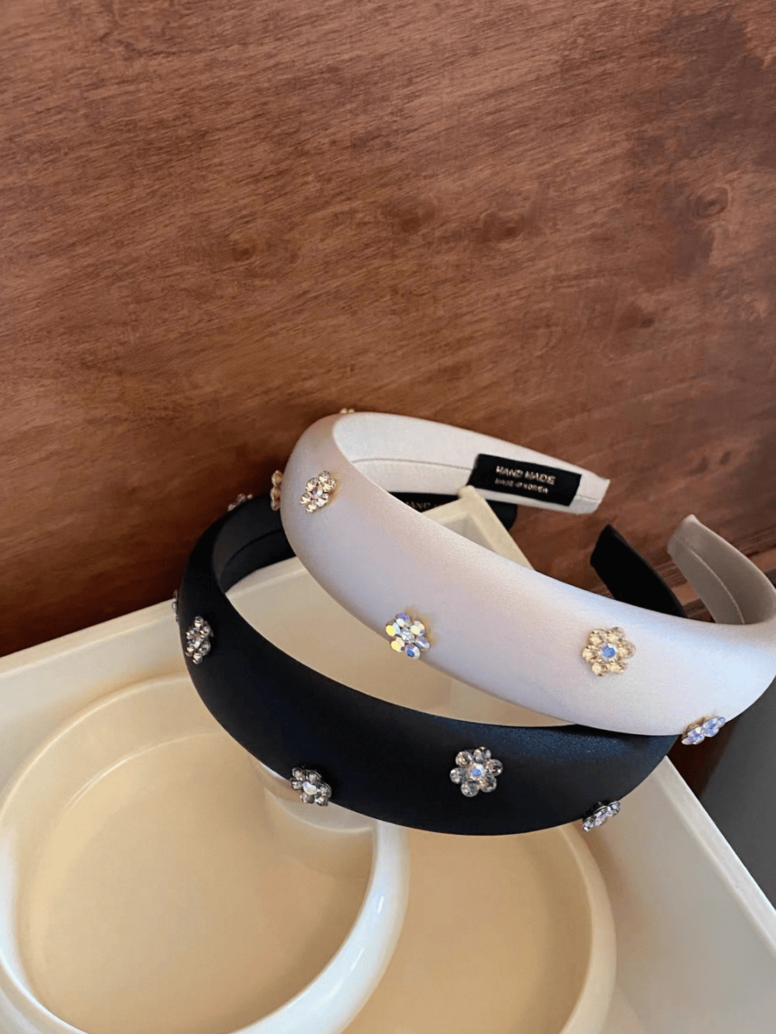 Satin Headband with Rhinestone Flowers – Pink & Black