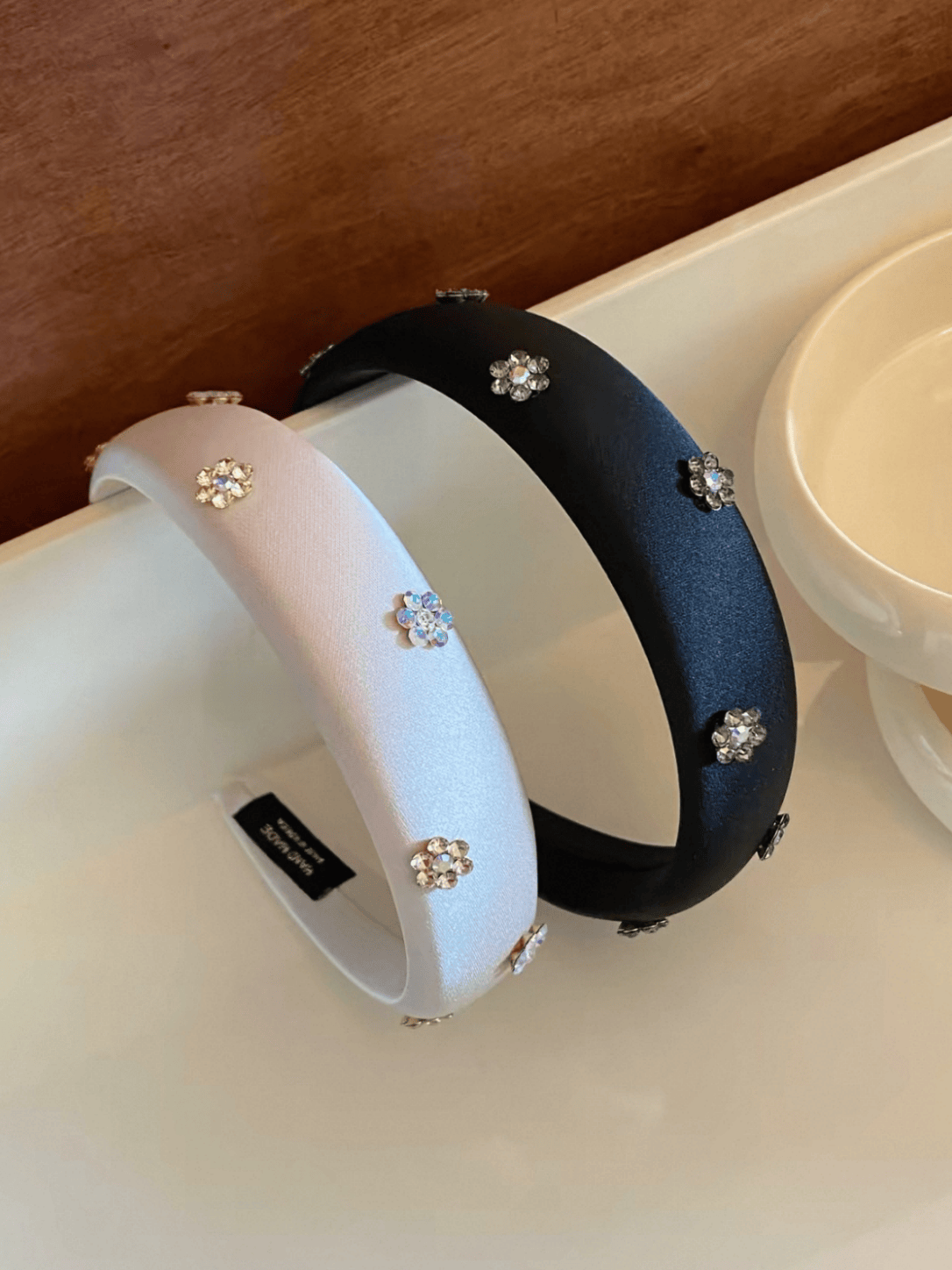Satin Headband with Rhinestone Flowers – Pink & Black