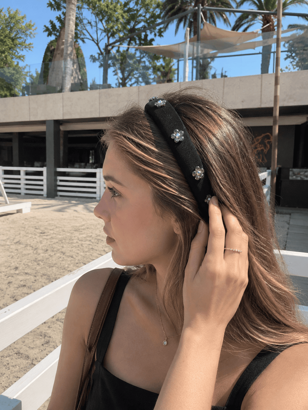 Satin Headband with Rhinestone Flowers – Pink & Black