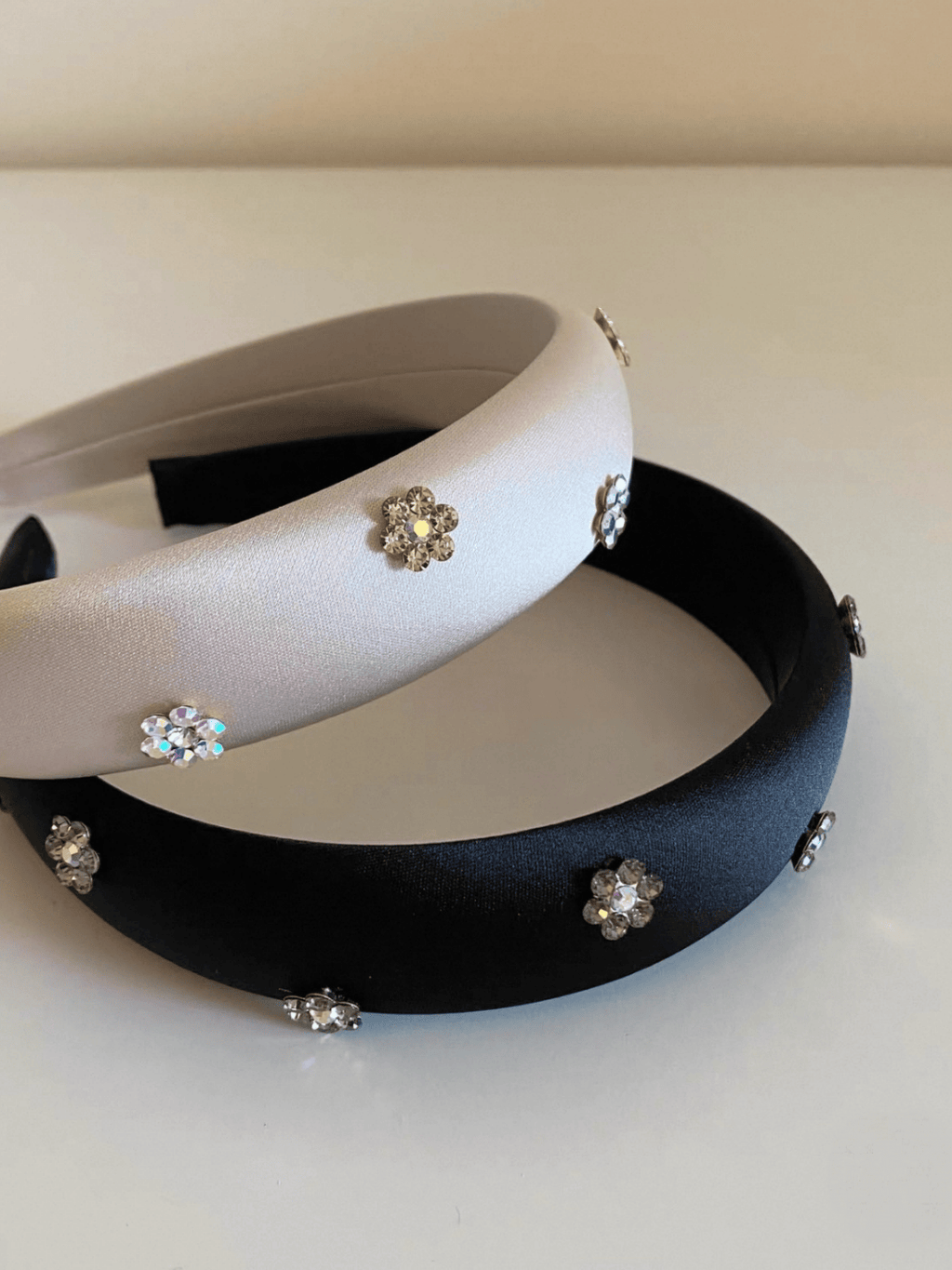 Satin Headband with Rhinestone Flowers – Pink & Black