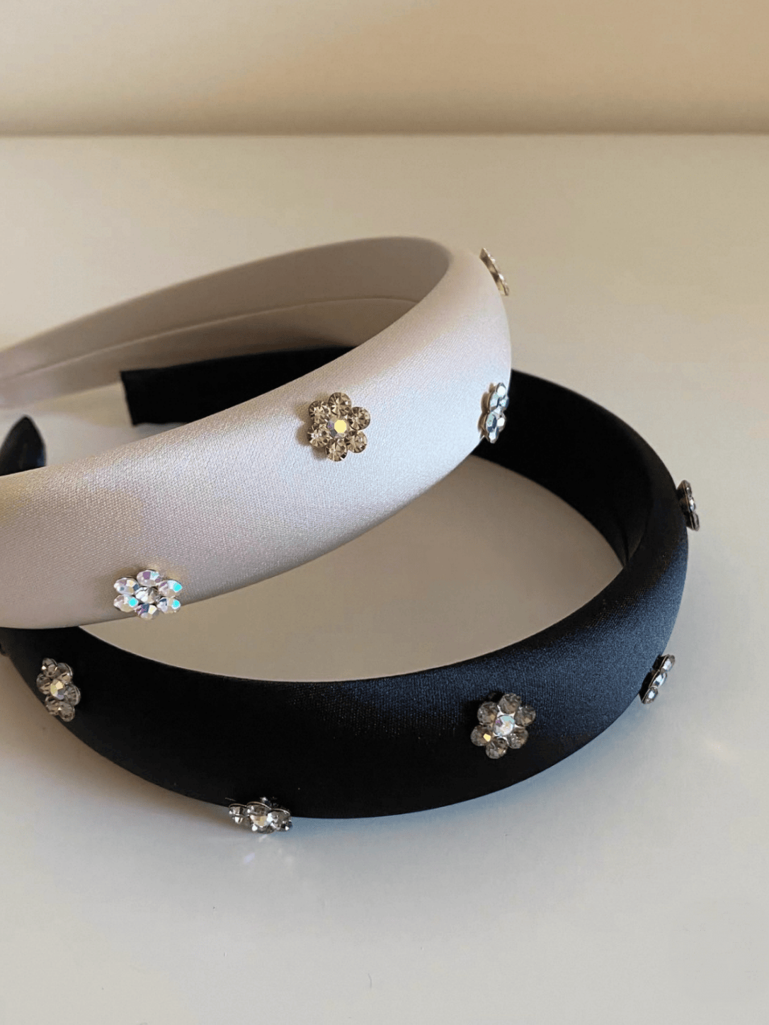 Satin Headband with Rhinestone Flowers – Pink & Black