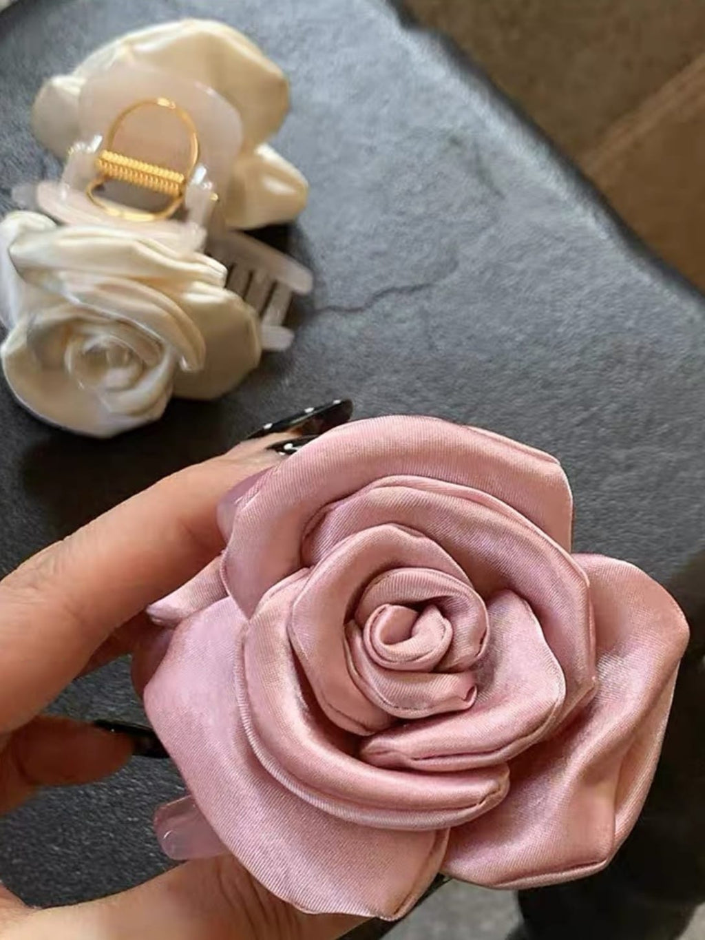 Satin Rose Bud Hair Claw Clip – Romantic 3D Floral Fabric Hair Accessory