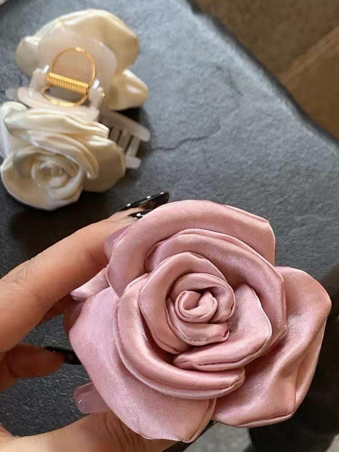 Satin Rose Bud Hair Claw Clip – Romantic 3D Floral Fabric Hair Accessory