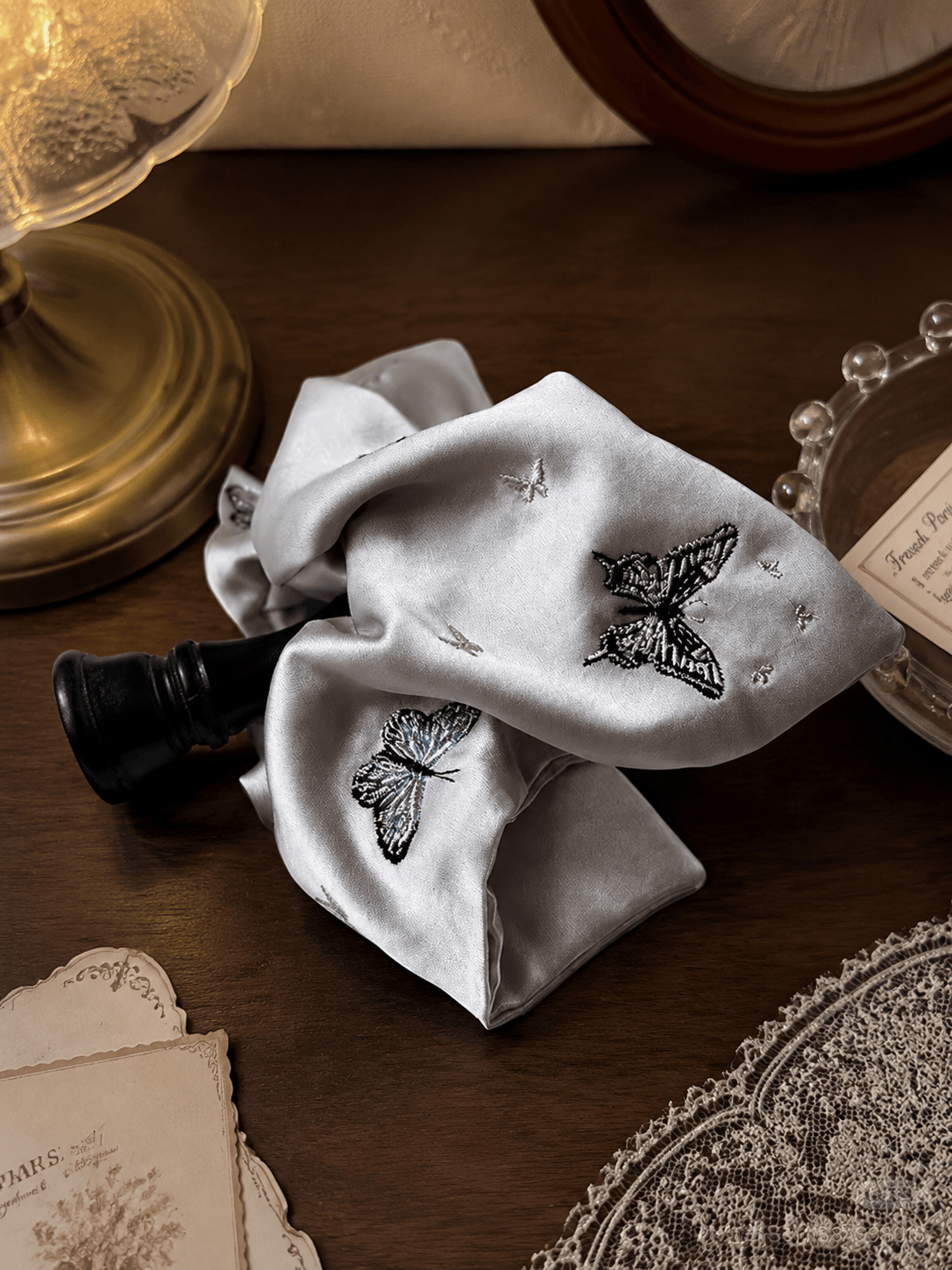Silver Butterfly Embroidered Square Scarf Scrunchie | Satin Silk Hair Tie