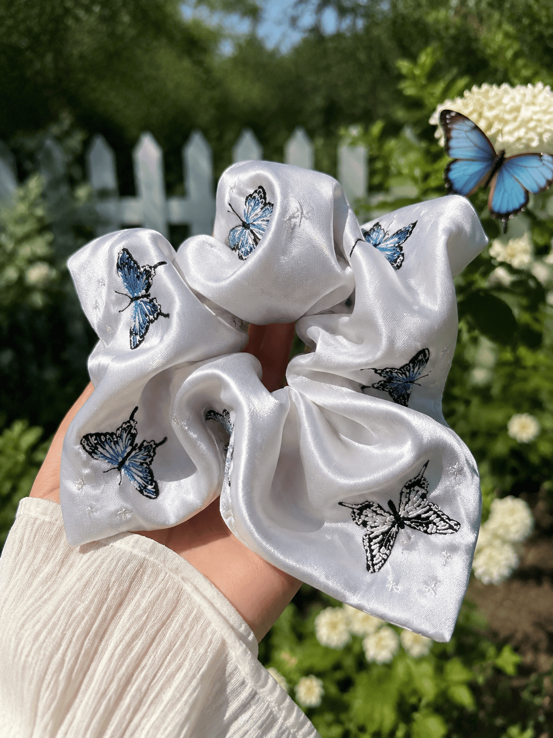 Silver Butterfly Embroidered Square Scarf Scrunchie | Satin Silk Hair Tie