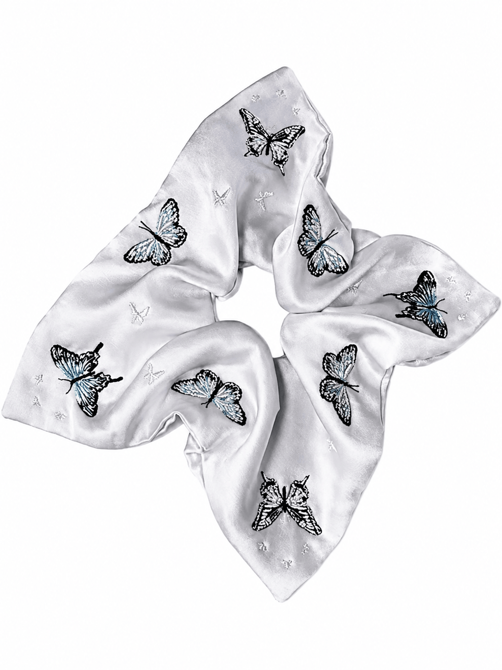 Silver Butterfly Embroidered Square Scarf Scrunchie | Satin Silk Hair Tie