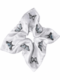 Silver Butterfly Embroidered Square Scarf Scrunchie | Satin Silk Hair Tie