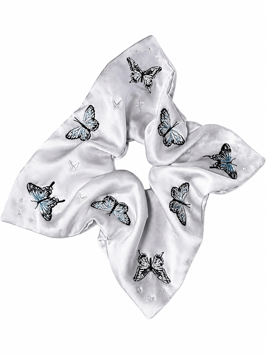Silver Butterfly Embroidered Square Scarf Scrunchie | Satin Silk Hair Tie