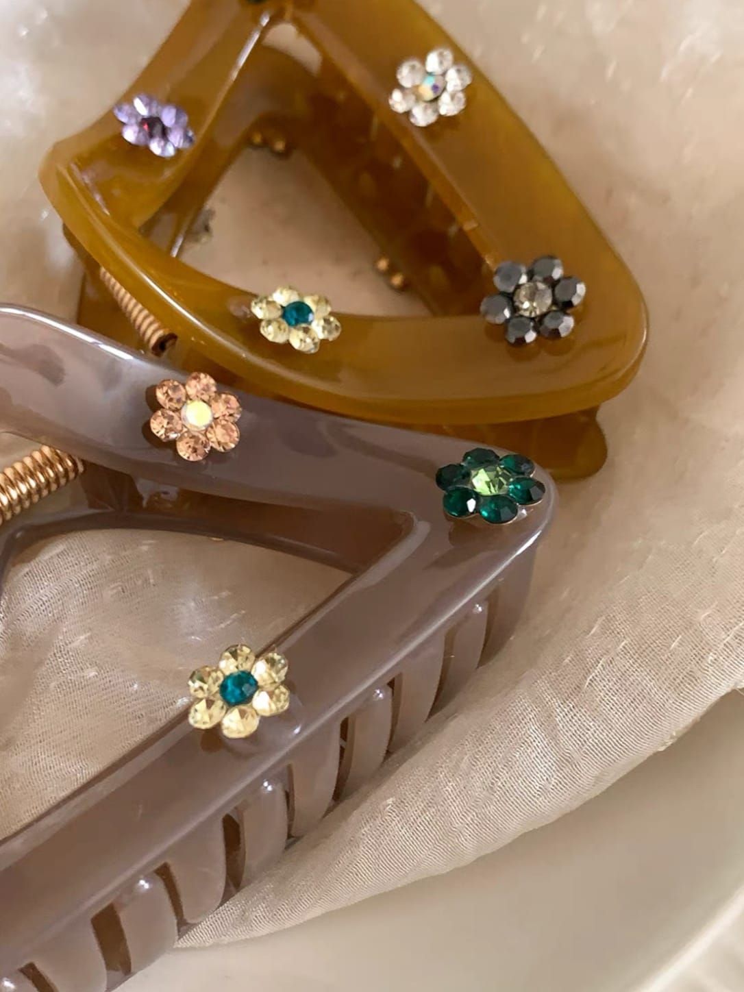 Triangular Hair Claw Clip with Colorful Rhinestone Flowers