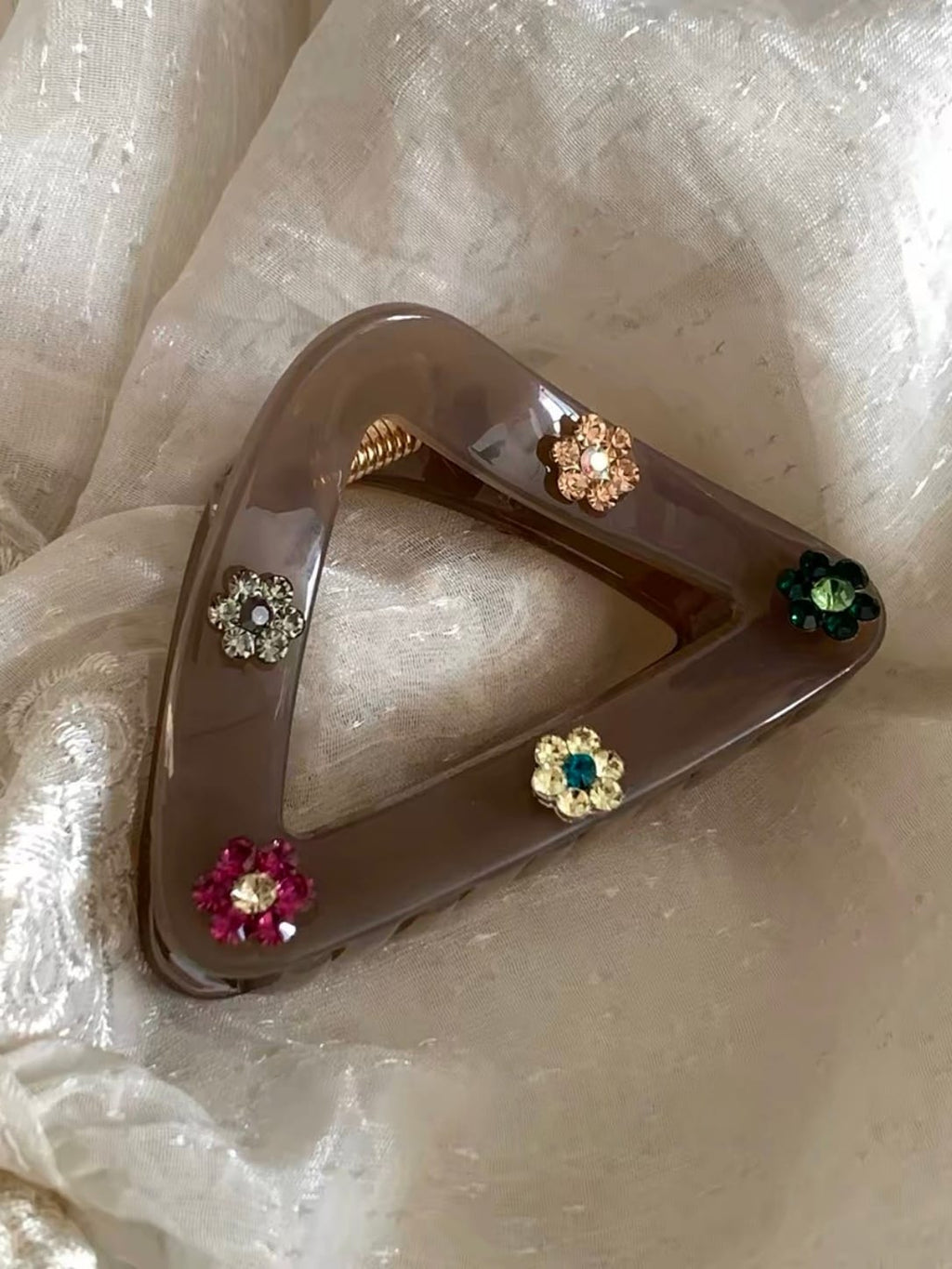 Triangular Hair Claw Clip with Colorful Rhinestone Flowers