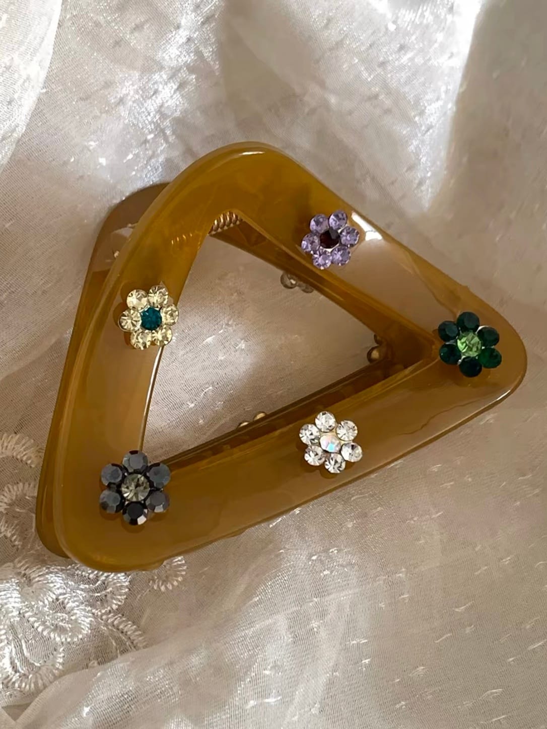 Triangular Hair Claw Clip with Colorful Rhinestone Flowers