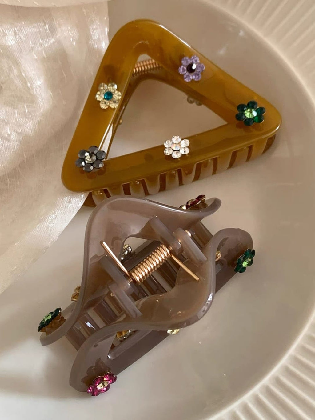Triangular Hair Claw Clip with Colorful Rhinestone Flowers
