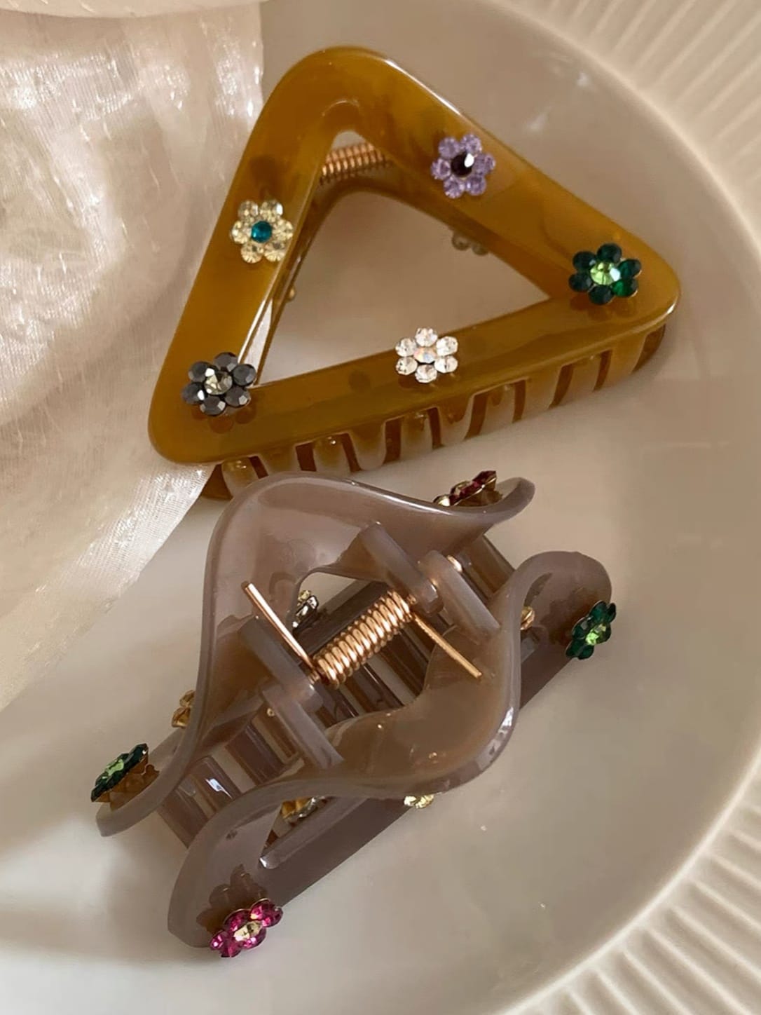 Triangular Hair Claw Clip with Colorful Rhinestone Flowers