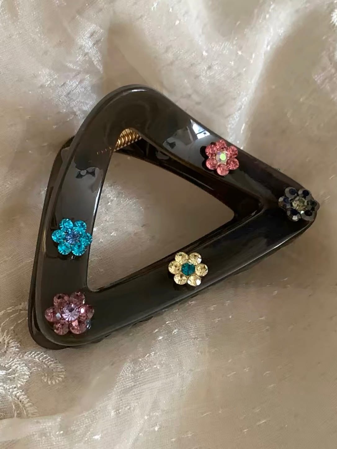 Triangular Hair Claw Clip with Colorful Rhinestone Flowers