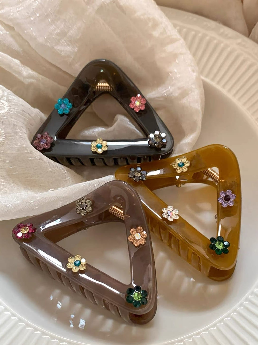 Triangular Hair Claw Clip with Colorful Rhinestone Flowers