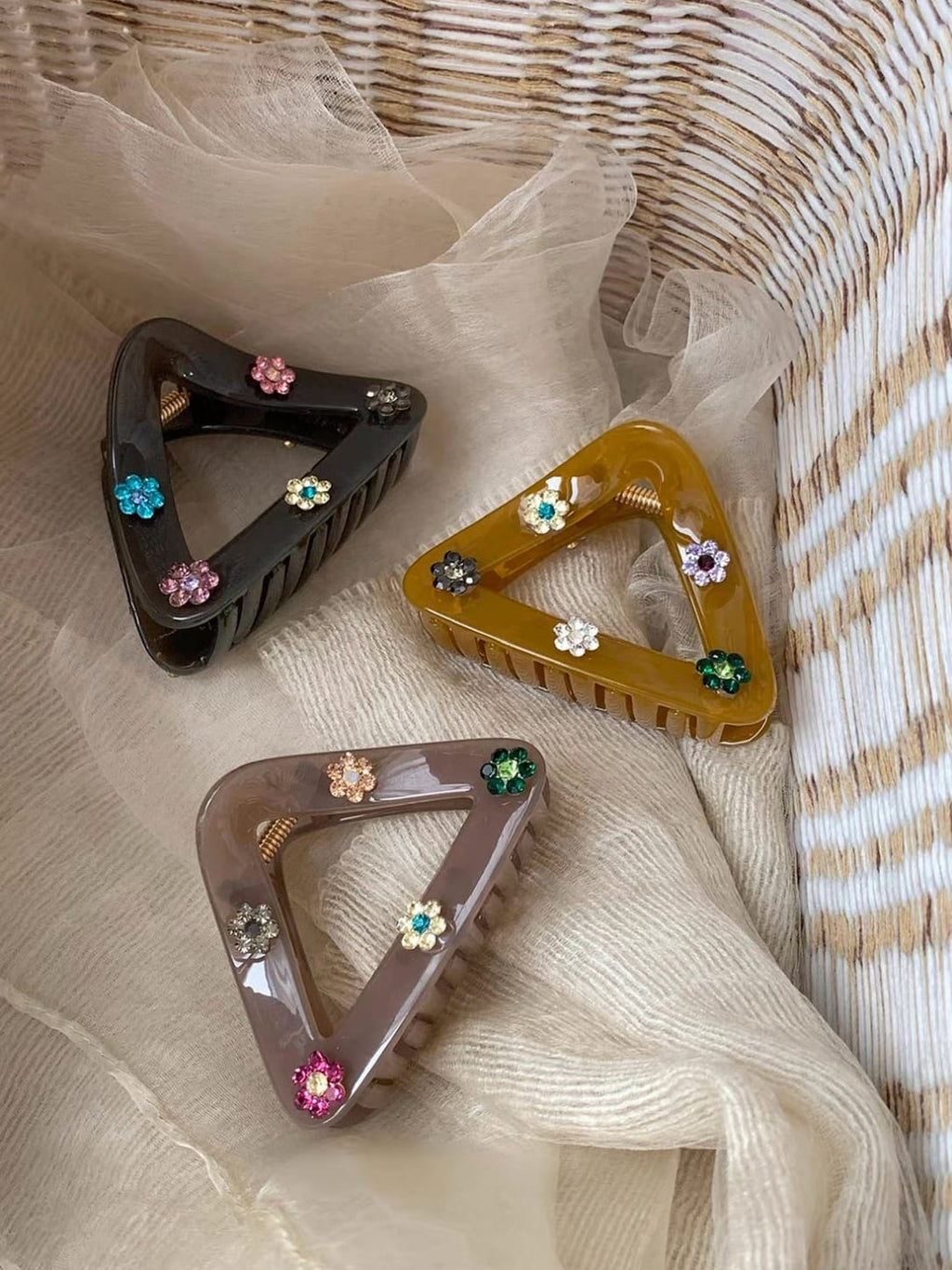 Triangular Hair Claw Clip with Colorful Rhinestone Flowers