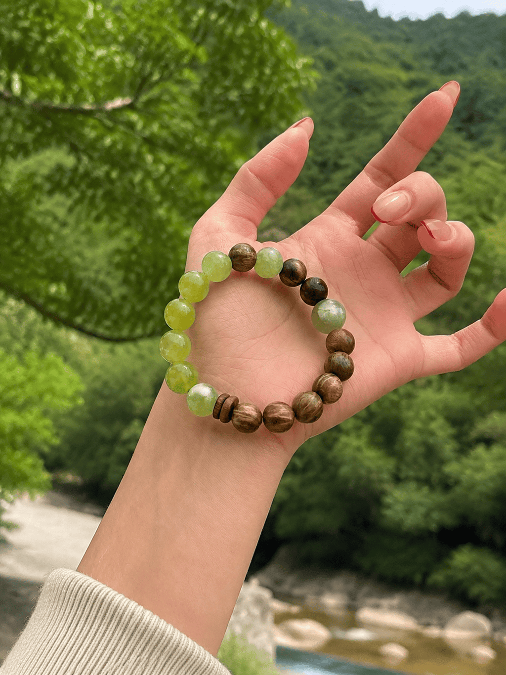 Verdant Harmony Bracelet | Natural Green Sandalwood & Xiuyu Jade Beaded Bracelet