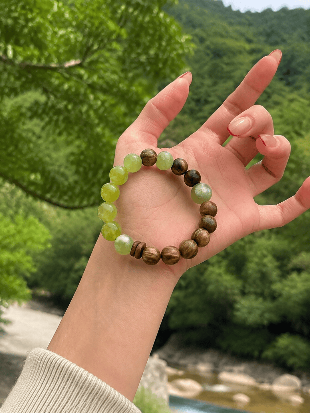 Verdant Harmony Bracelet | Natural Green Sandalwood & Xiuyu Jade Beaded Bracelet