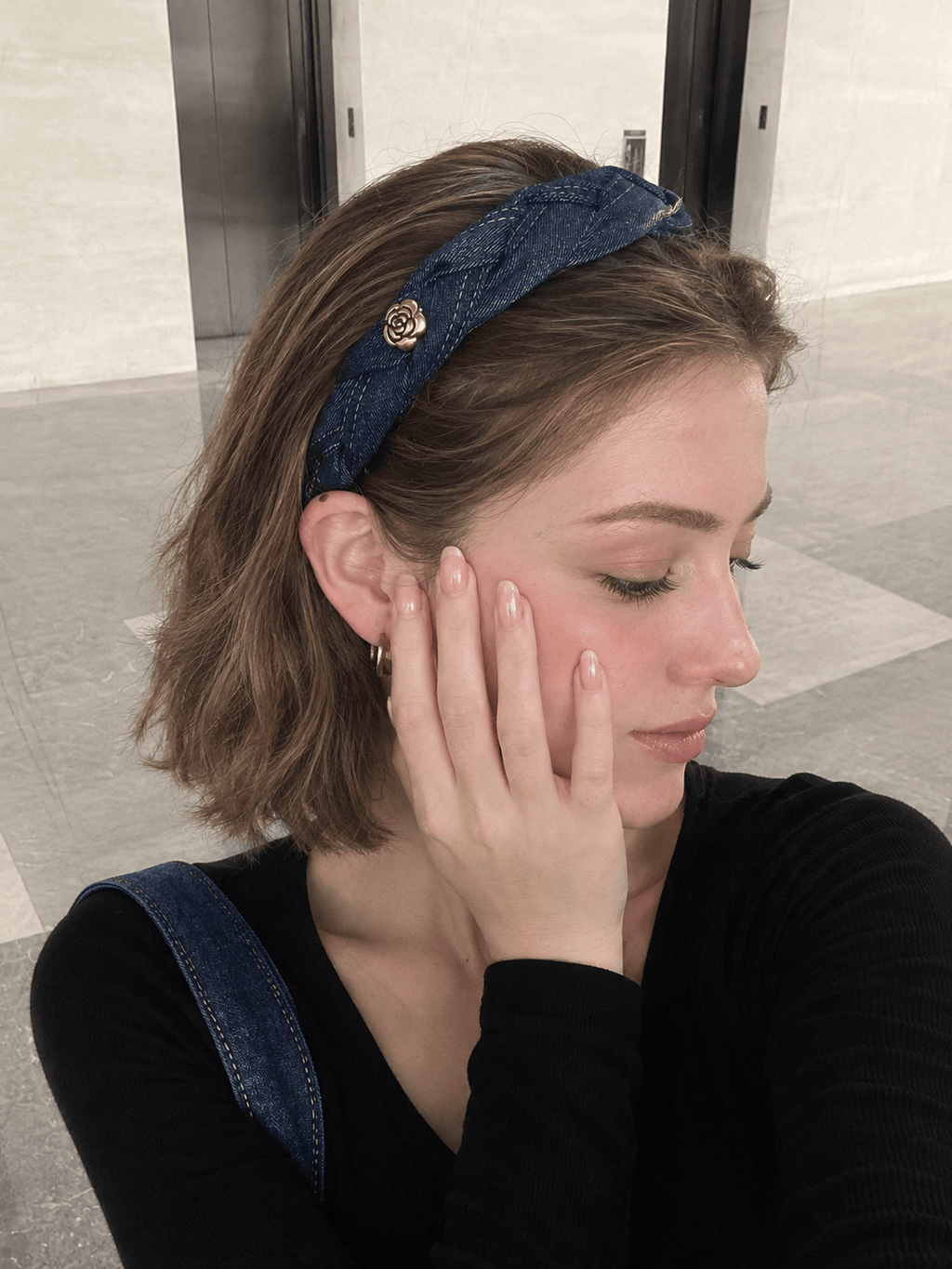 Vintage Denim Headband with Gold Camellia Flower Detail