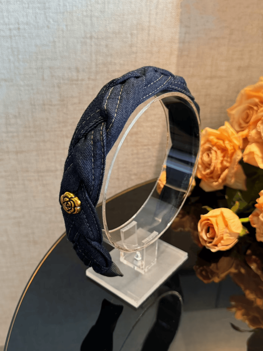 Vintage Denim Headband with Gold Camellia Flower Detail