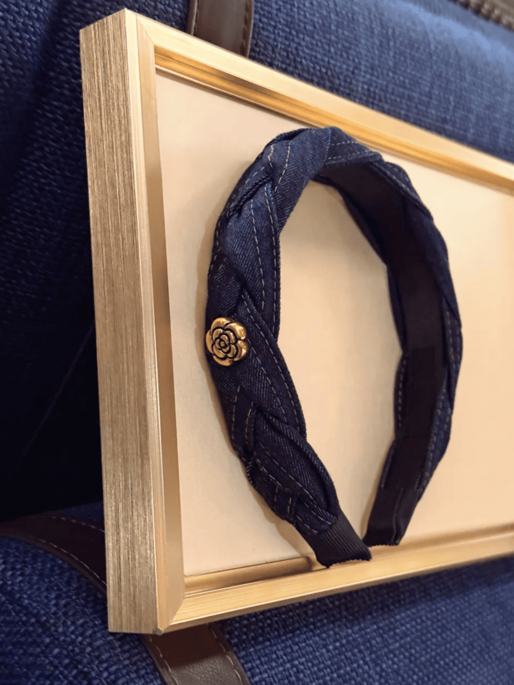 Vintage Denim Headband with Gold Camellia Flower Detail