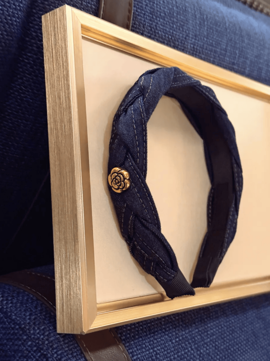 Vintage Denim Headband with Gold Camellia Flower Detail