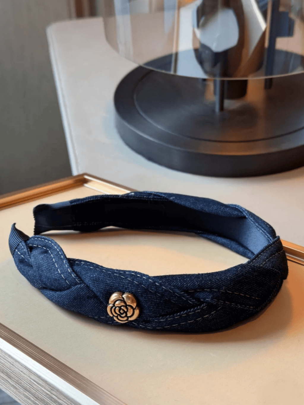 Vintage Denim Headband with Gold Camellia Flower Detail