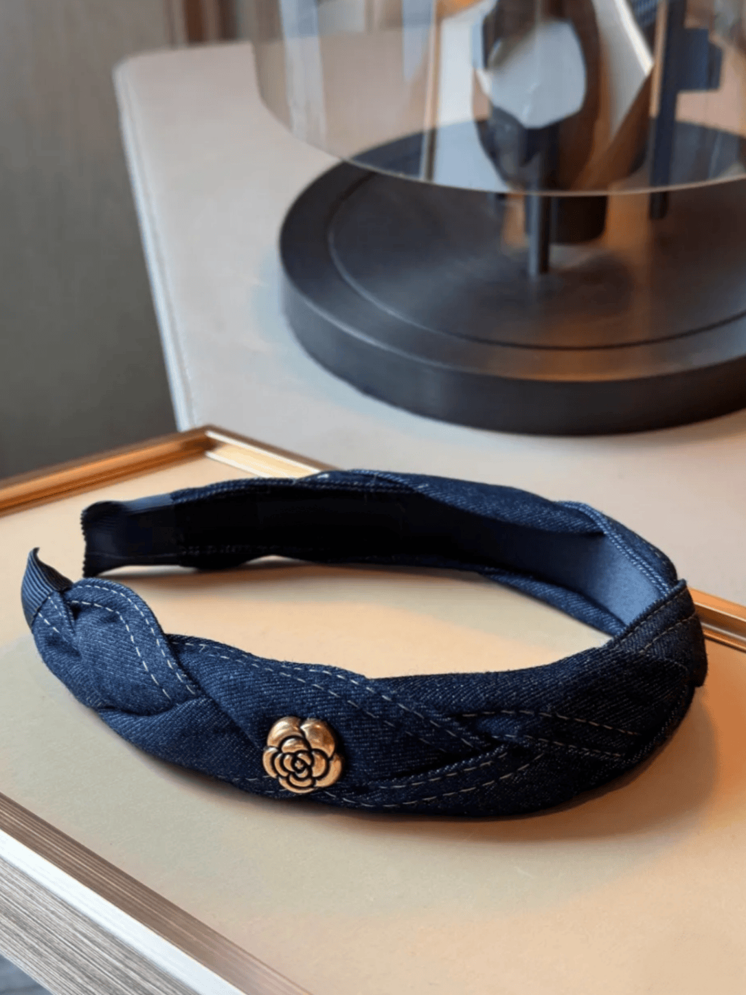 Vintage Denim Headband with Gold Camellia Flower Detail