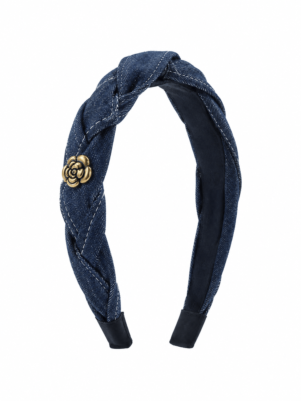 Vintage Denim Headband with Gold Camellia Flower Detail