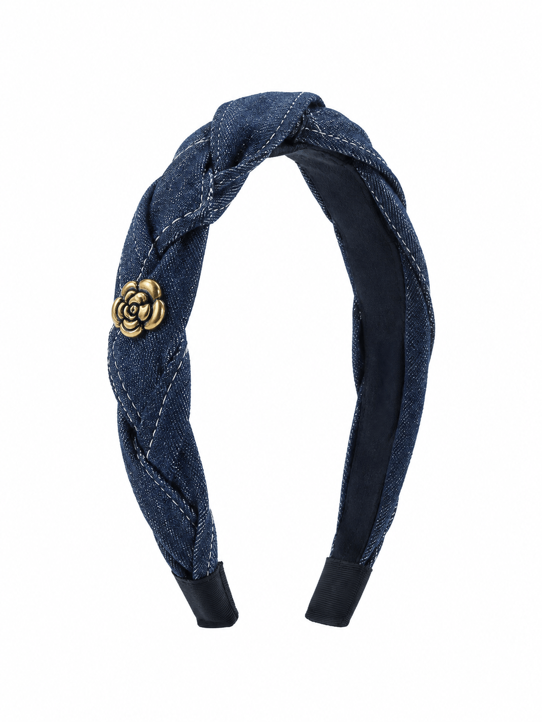 Vintage Denim Headband with Gold Camellia Flower Detail