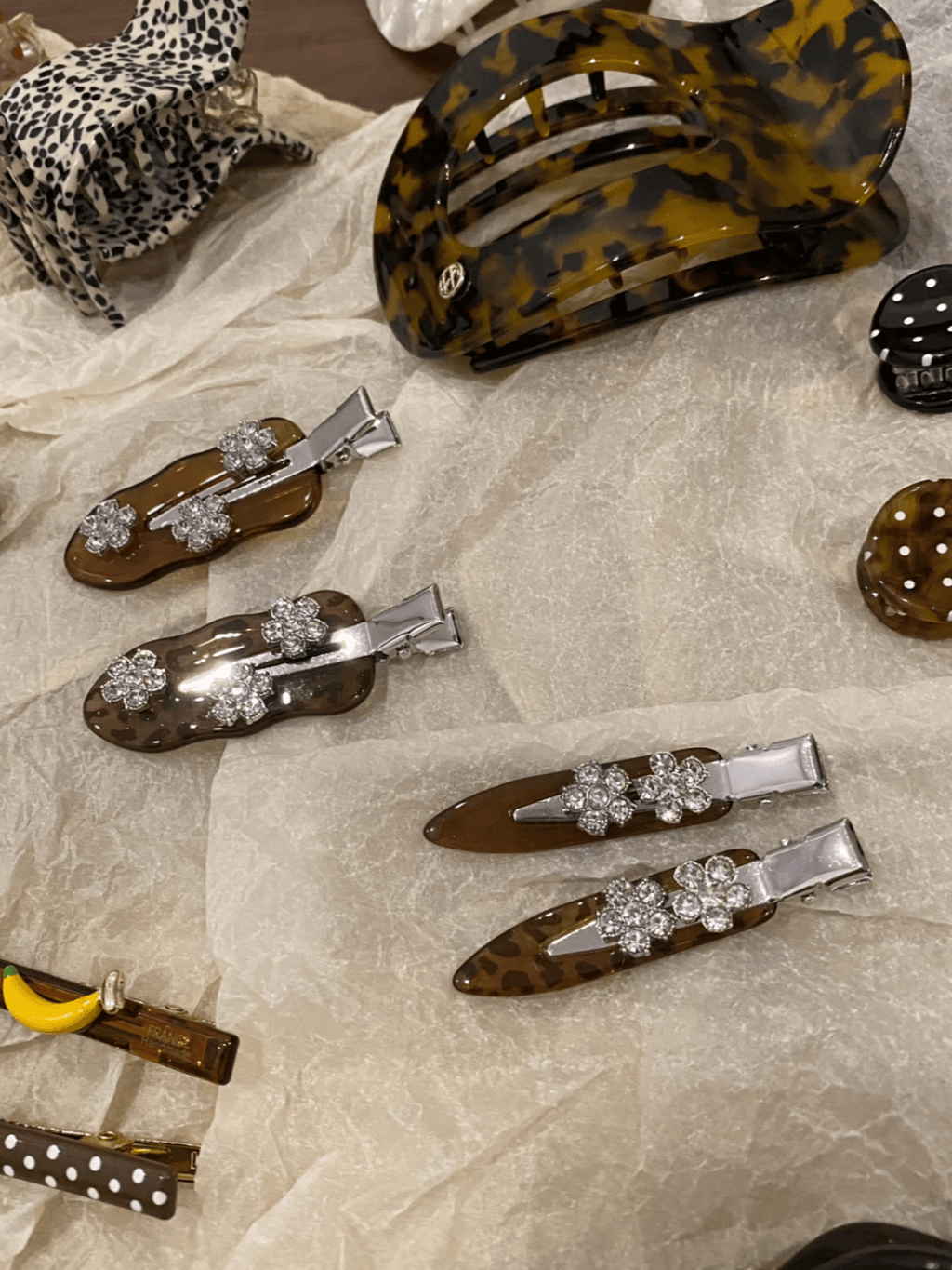 Vintage Leopard Print Hair Clips | Floral Rhinestone Barrettes