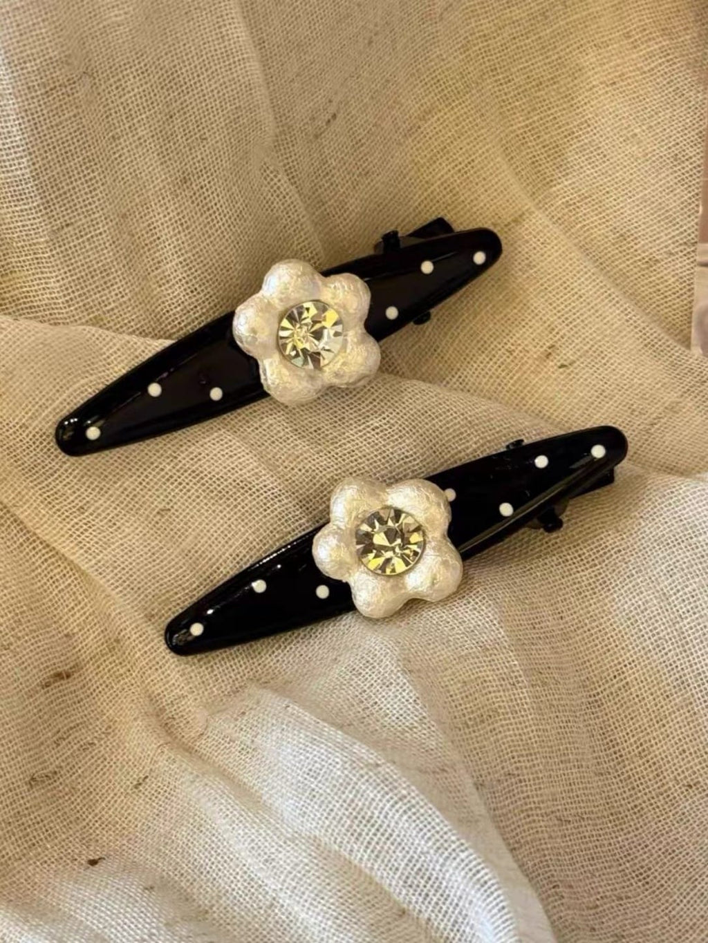 Vintage Polka Dot Floral Hair Clips – Mother-of-Pearl & Rhinestone